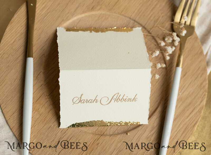 Romantic Gold Foil Wedding Place Cards, Ivory Wedding Escort Card with deckled edges, Elegant place cards, Personalized wedding decoration-0