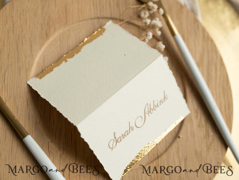 Romantic Gold Foil Wedding Place Cards, Ivory Wedding Escort Card with deckled edges, Elegant place cards, Personalized wedding decoration-3