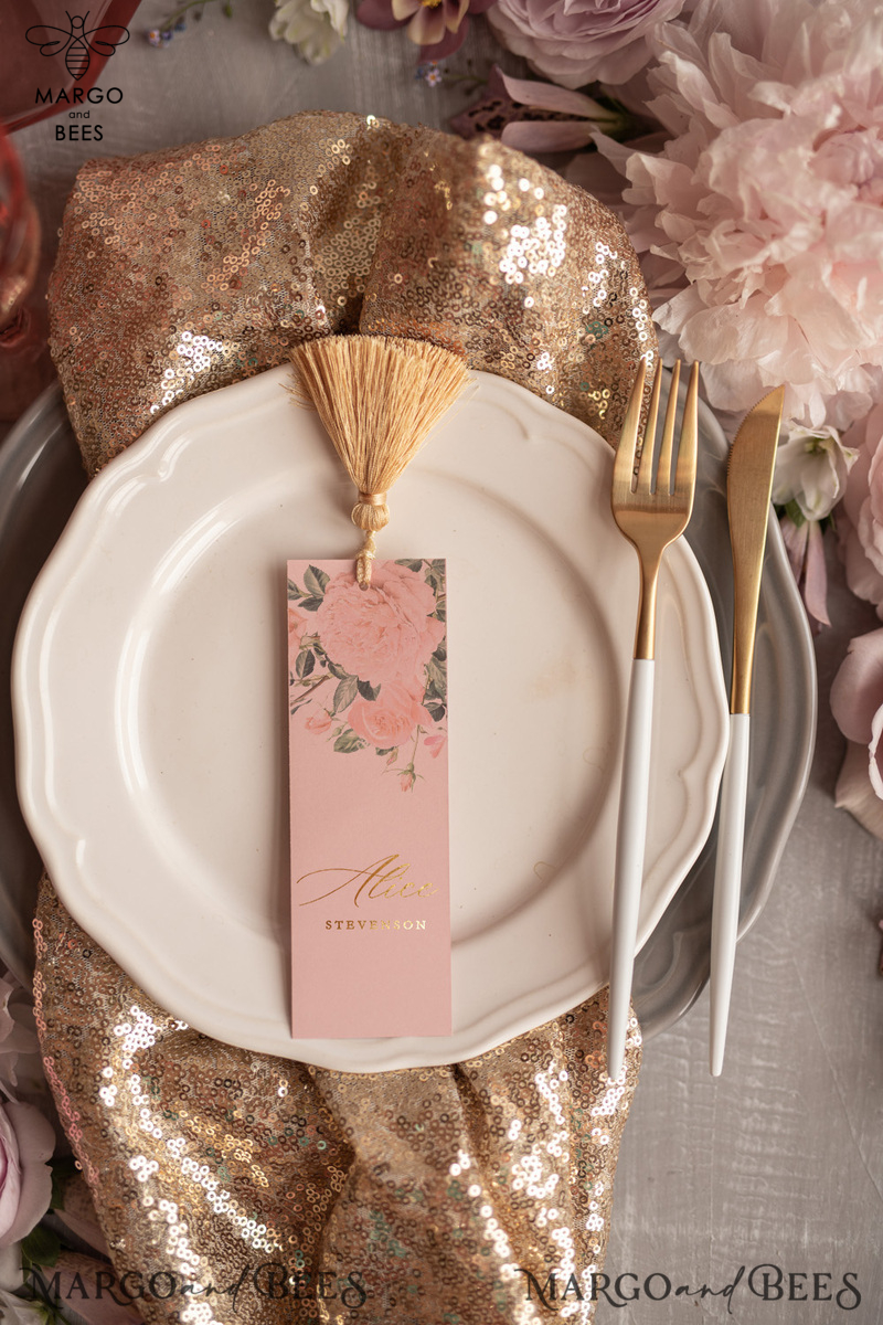 Personalized elegant wedding place escort card shiny gold flowers, tassel wedding place card-2
