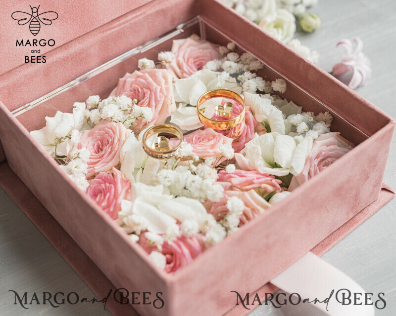 Luxury Velvet acrylic Wedding rings Box, Glamour blush pink and gold Wedding rings Box,Elegant Wedding Box velvet blusch Pink, Handmade Wedding rings Box-8
