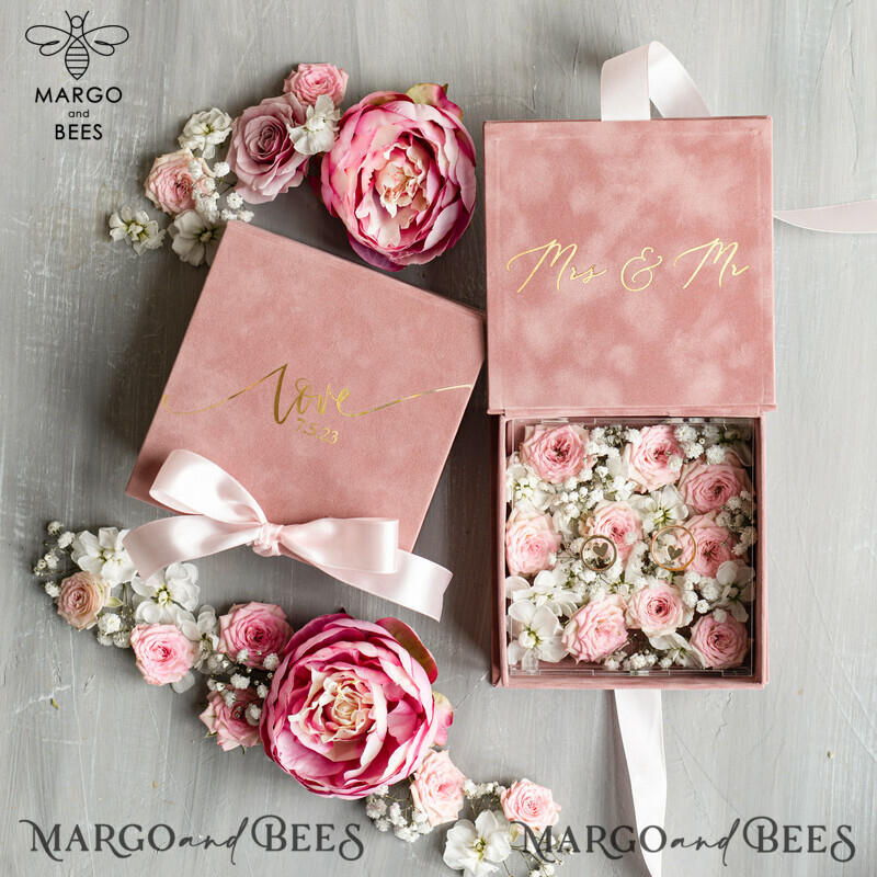 Luxury Velvet acrylic Wedding rings Box, Glamour blush pink and gold Wedding rings Box,Elegant Wedding Box velvet blusch Pink, Handmade Wedding rings Box-0