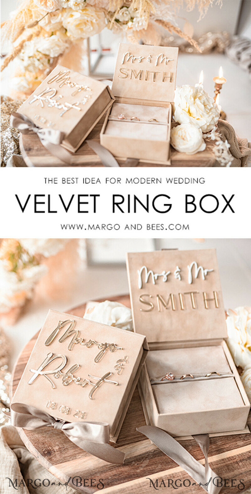 Luxury Beige Pink Golden Velvet Wedding Ring Box: Custom Colors, Boho Glam Style for Ceremony with Space for 3 Rings-3
