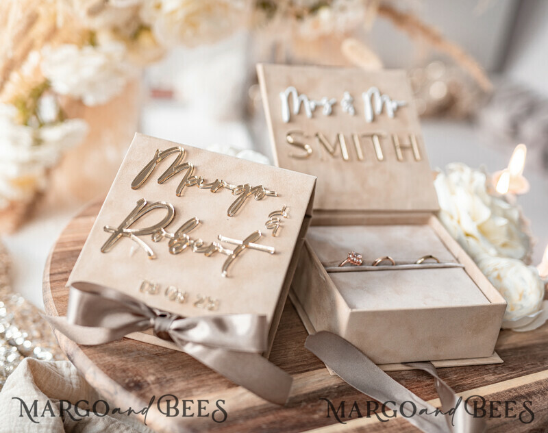 Luxury Beige Pink Golden Velvet Wedding Ring Box: Custom Colors, Boho Glam Style for Ceremony with Space for 3 Rings-12
