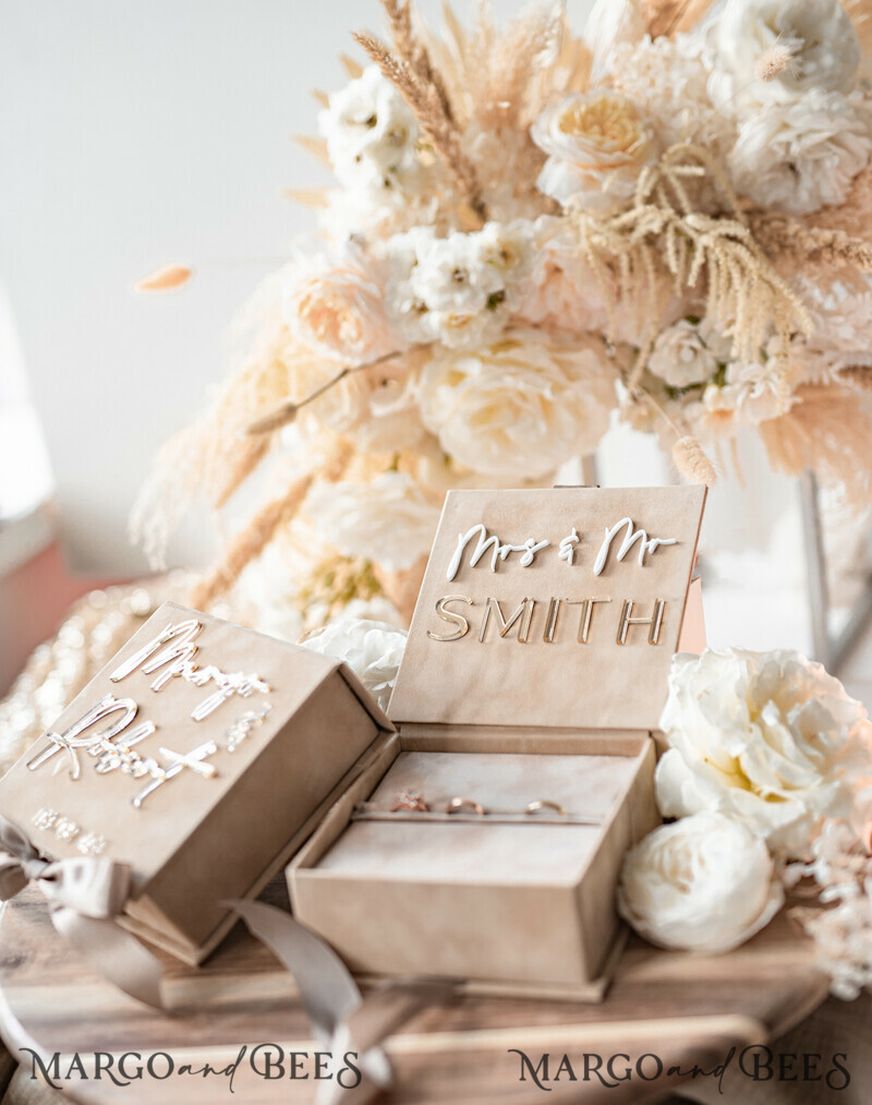Luxury Beige Pink Golden Velvet Wedding Ring Box: Custom Colors, Boho Glam Style for Ceremony with Space for 3 Rings-14