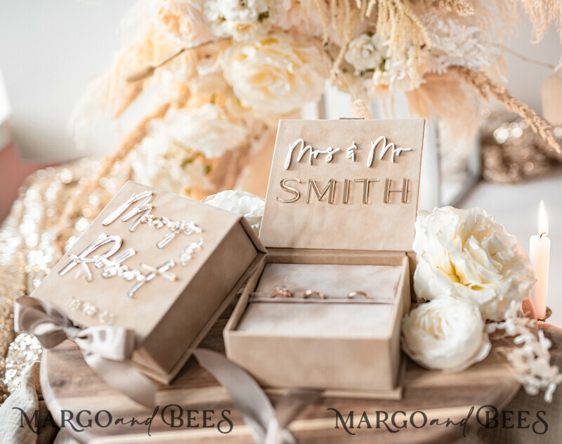 Luxury Beige Pink Golden Velvet Wedding Ring Box: Custom Colors, Boho Glam Style for Ceremony with Space for 3 Rings-15