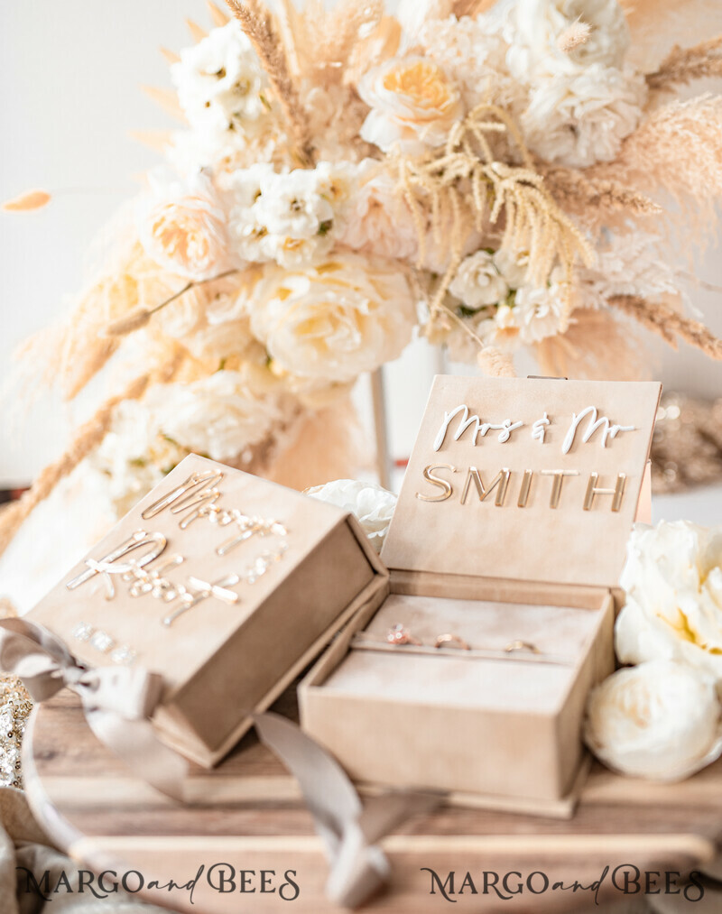 Luxury Beige Pink Golden Velvet Wedding Ring Box: Custom Colors, Boho Glam Style for Ceremony with Space for 3 Rings-16