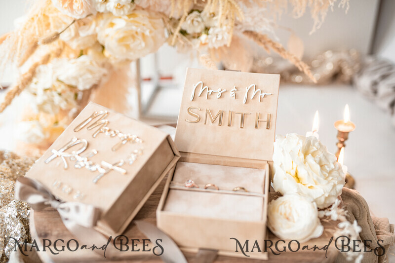 Luxury Beige Pink Golden Velvet Wedding Ring Box: Custom Colors, Boho Glam Style for Ceremony with Space for 3 Rings-17