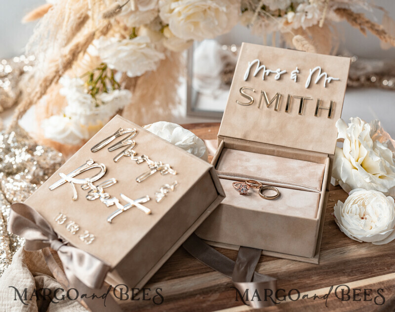 Luxury Beige Pink Golden Velvet Wedding Ring Box: Custom Colors, Boho Glam Style for Ceremony with Space for 3 Rings-0