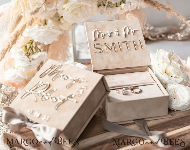 Luxury Beige Pink Golden Velvet Wedding Ring Box: Custom Colors, Boho Glam Style for Ceremony with Space for 3 Rings-1