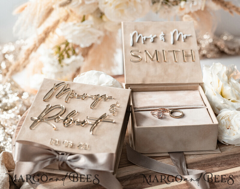 Luxury Beige Pink Golden Velvet Wedding Ring Box: Custom Colors, Boho Glam Style for Ceremony with Space for 3 Rings-4