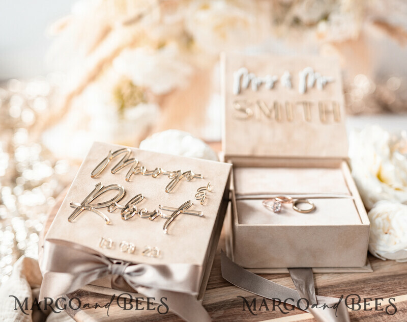 Luxury Beige Pink Golden Velvet Wedding Ring Box: Custom Colors, Boho Glam Style for Ceremony with Space for 3 Rings-5
