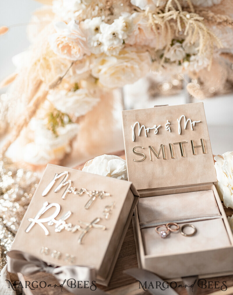 Luxury Beige Pink Golden Velvet Wedding Ring Box: Custom Colors, Boho Glam Style for Ceremony with Space for 3 Rings-8