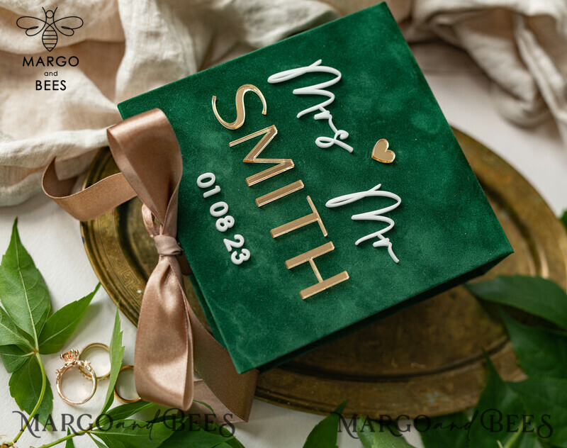 Green Golden Velvet Wedding Ring Box for Ceremony: Luxury Velvet Ring Box Double Custom Colors-10