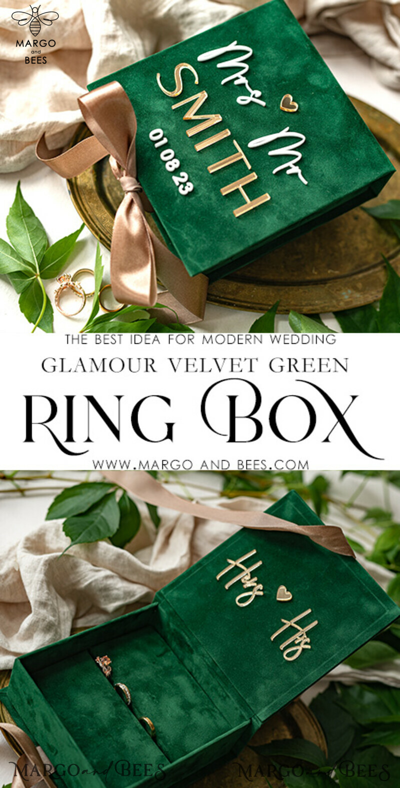 Green Golden Velvet Wedding Ring Box for Ceremony: Luxury Velvet Ring Box Double Custom Colors-3