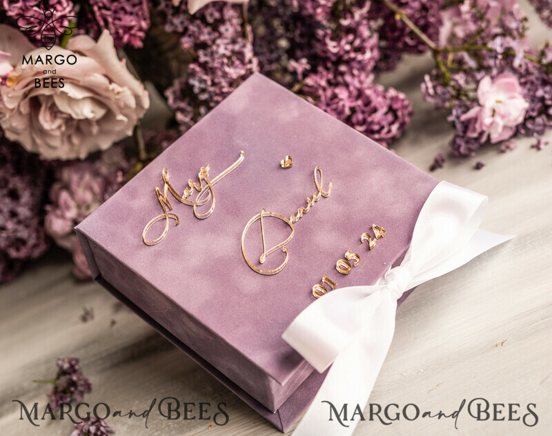 Luxury Blush Pink Golden Velvet Wedding Ring Box for Ceremony: Customizable Boho Glam Box for 3 Rings-0