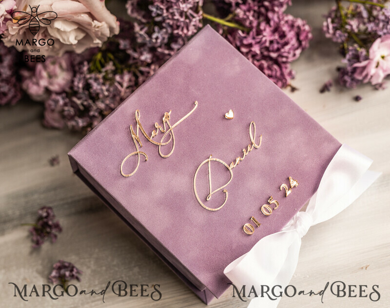 Luxury Blush Pink Golden Velvet Wedding Ring Box for Ceremony: Customizable Boho Glam Box for 3 Rings-1