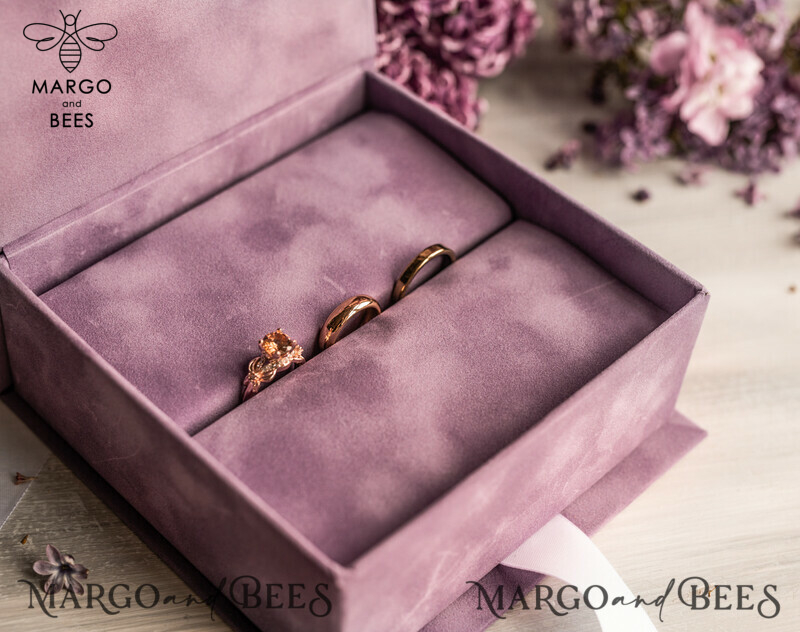Luxury Blush Pink Golden Velvet Wedding Ring Box for Ceremony: Customizable Boho Glam Box for 3 Rings-3