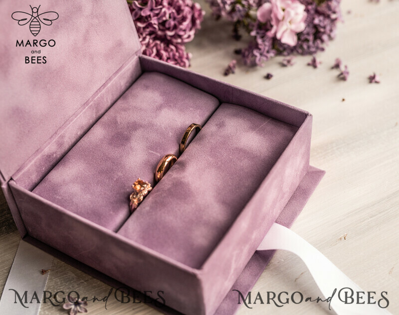 Luxury Blush Pink Golden Velvet Wedding Ring Box for Ceremony: Customizable Boho Glam Box for 3 Rings-4