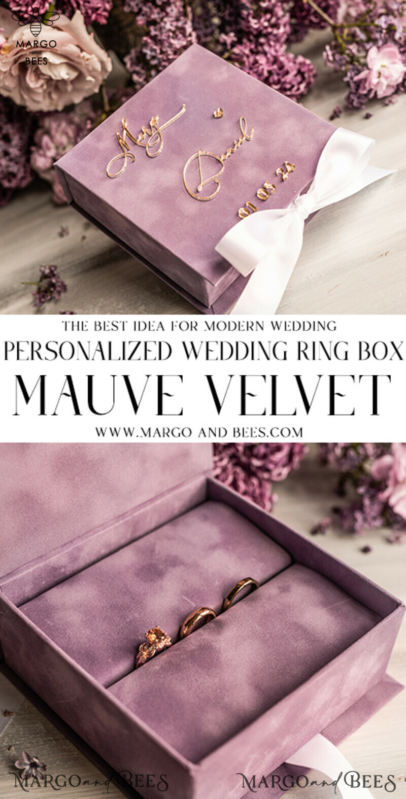 Luxury Blush Pink Golden Velvet Wedding Ring Box for Ceremony: Customizable Boho Glam Box for 3 Rings-2