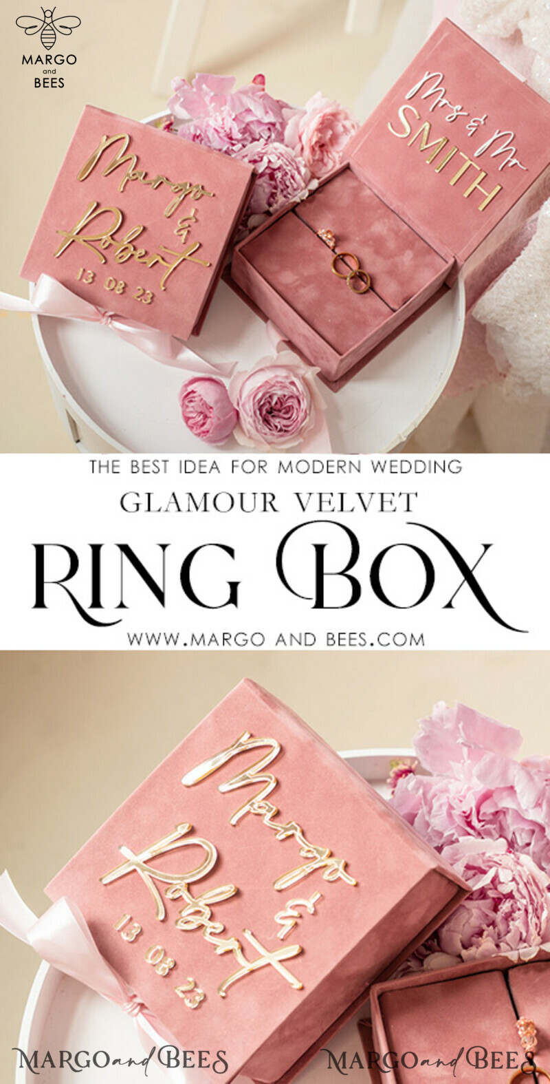 Blush Pink Golden Velvet Wedding Ring Box: A Luxury and Customizable Choice for Your Ceremony-3