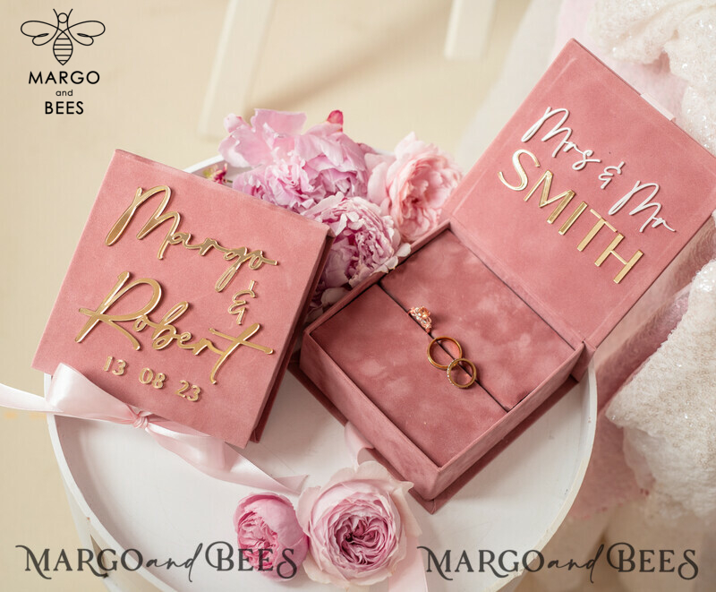 Blush Pink Golden velvet Wedding Ring Box for ceremony, Ring Box for Wedding Ceremony 3 rings velvet, Boho Glam Wedding Ring Boxes his hers, Luxury Velvet Ring box double Custom Colors-0