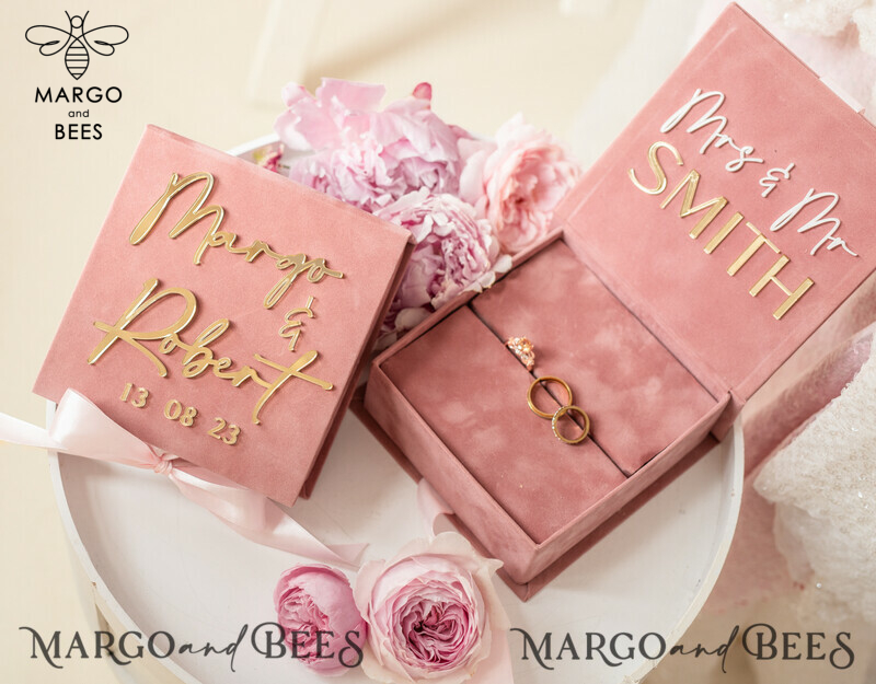 Blush Pink Golden Velvet Wedding Ring Box: A Luxury and Customizable Choice for Your Ceremony-4