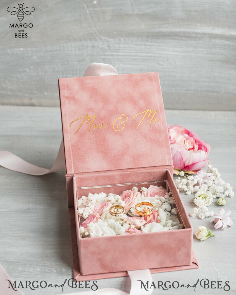 Elegant Velvet blush pink Wedding rings Box, Glamour gold Wedding rings Box, Elegant Acrylic  Wedding Box velvet blusch Pink Wedding rings Box-8
