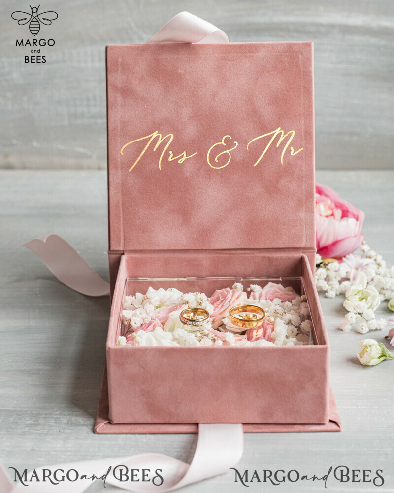 Elegant Velvet blush pink Wedding rings Box, Glamour gold Wedding rings Box, Elegant Acrylic  Wedding Box velvet blusch Pink Wedding rings Box-4
