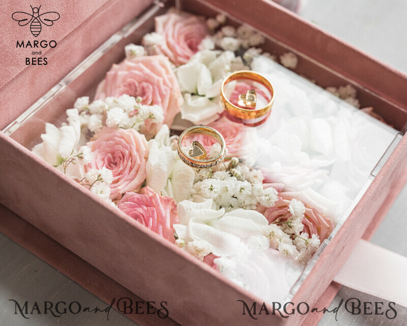 Luxurious Velvet Blush Pink Wedding Rings Box with Elegant Acrylic and Glamorous Gold Accents-7