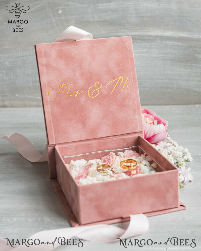 Luxurious Velvet Blush Pink Wedding Rings Box with Elegant Acrylic and Glamorous Gold Accents-4