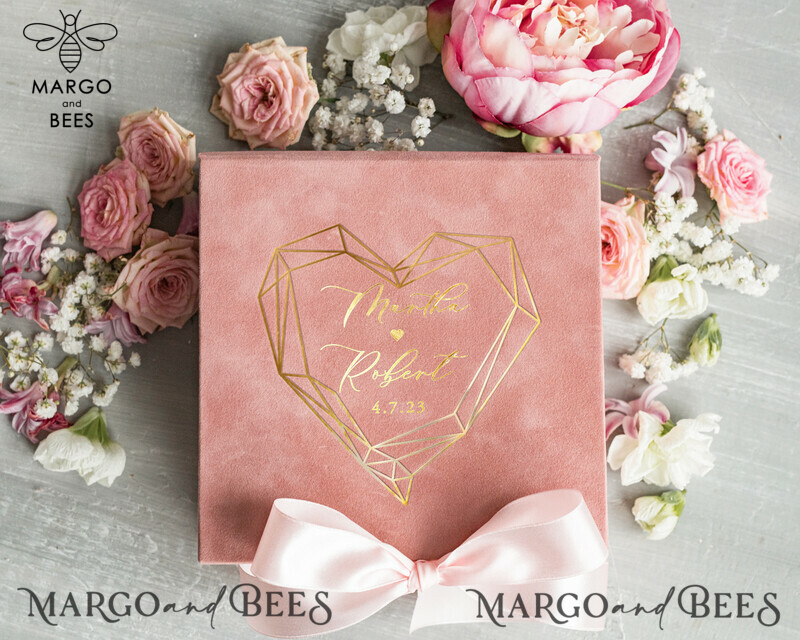 Luxurious Velvet Blush Pink Wedding Rings Box with Elegant Acrylic and Glamorous Gold Accents-1