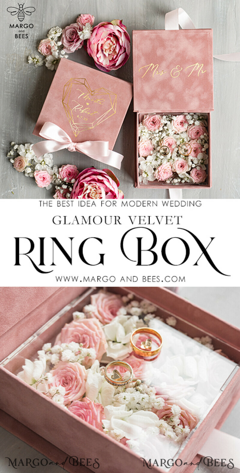 Luxurious Velvet Blush Pink Wedding Rings Box with Elegant Acrylic and Glamorous Gold Accents-3