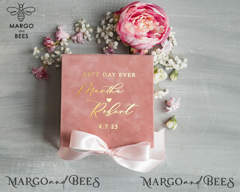 Handmade Luxury Velvet Blush Pink and Gold Wedding Rings Box: A Glamorous and Elegant Choice for Your Special Day-1