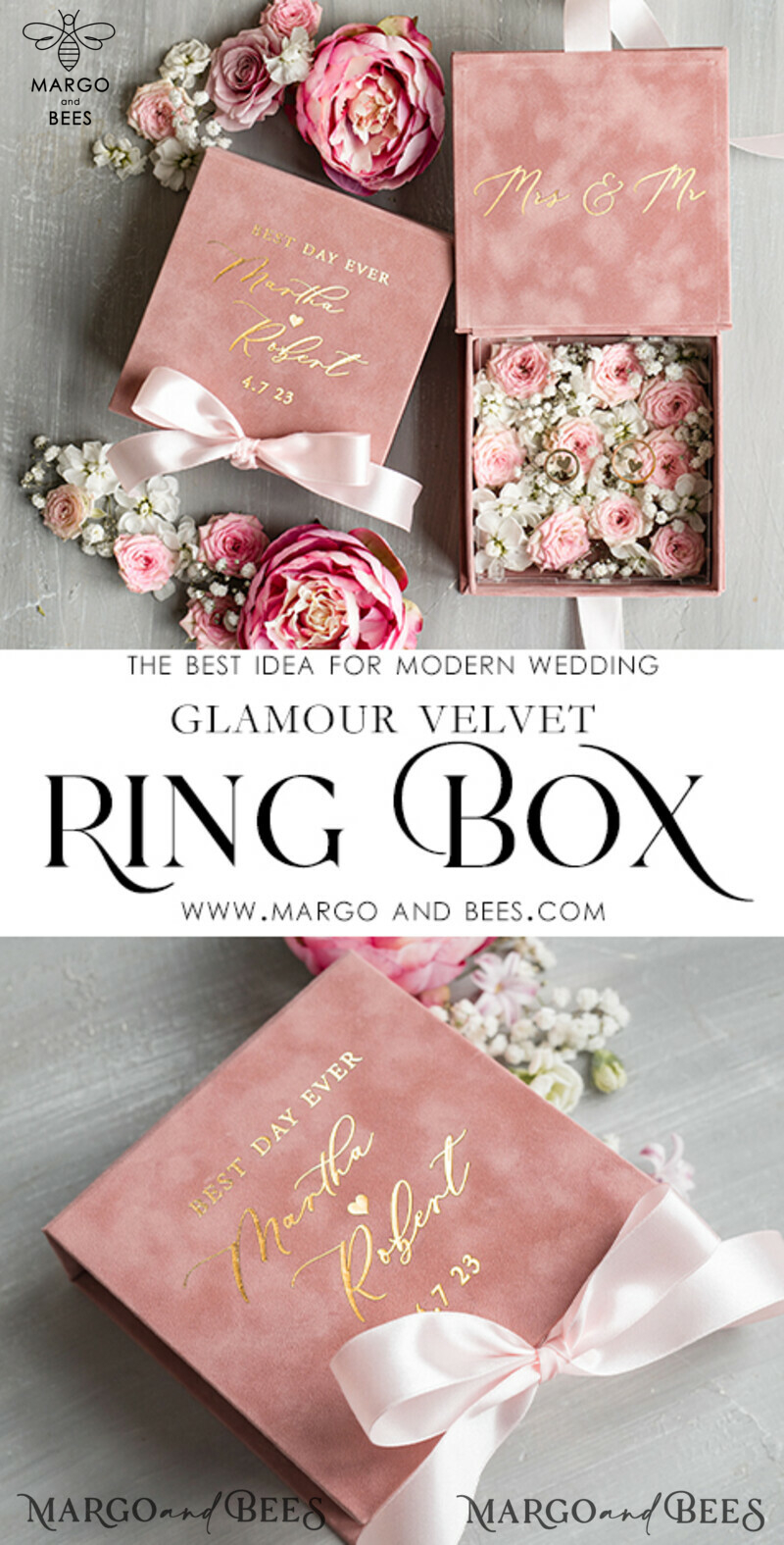 Handmade Luxury Velvet Blush Pink and Gold Wedding Rings Box: A Glamorous and Elegant Choice for Your Special Day-3