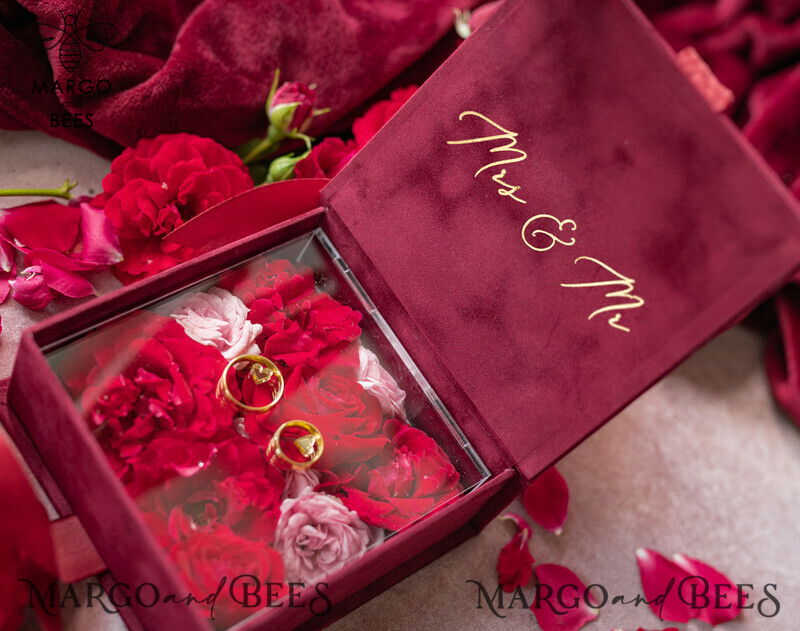 Exquisite Handmade Velvet Wedding Rings Box in Glamorous Maroon and Gold for a Luxurious and Elegant Touch-12