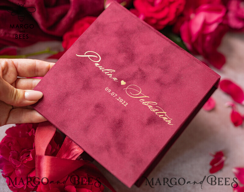 Exquisite Handmade Velvet Wedding Rings Box in Glamorous Maroon and Gold for a Luxurious and Elegant Touch-10