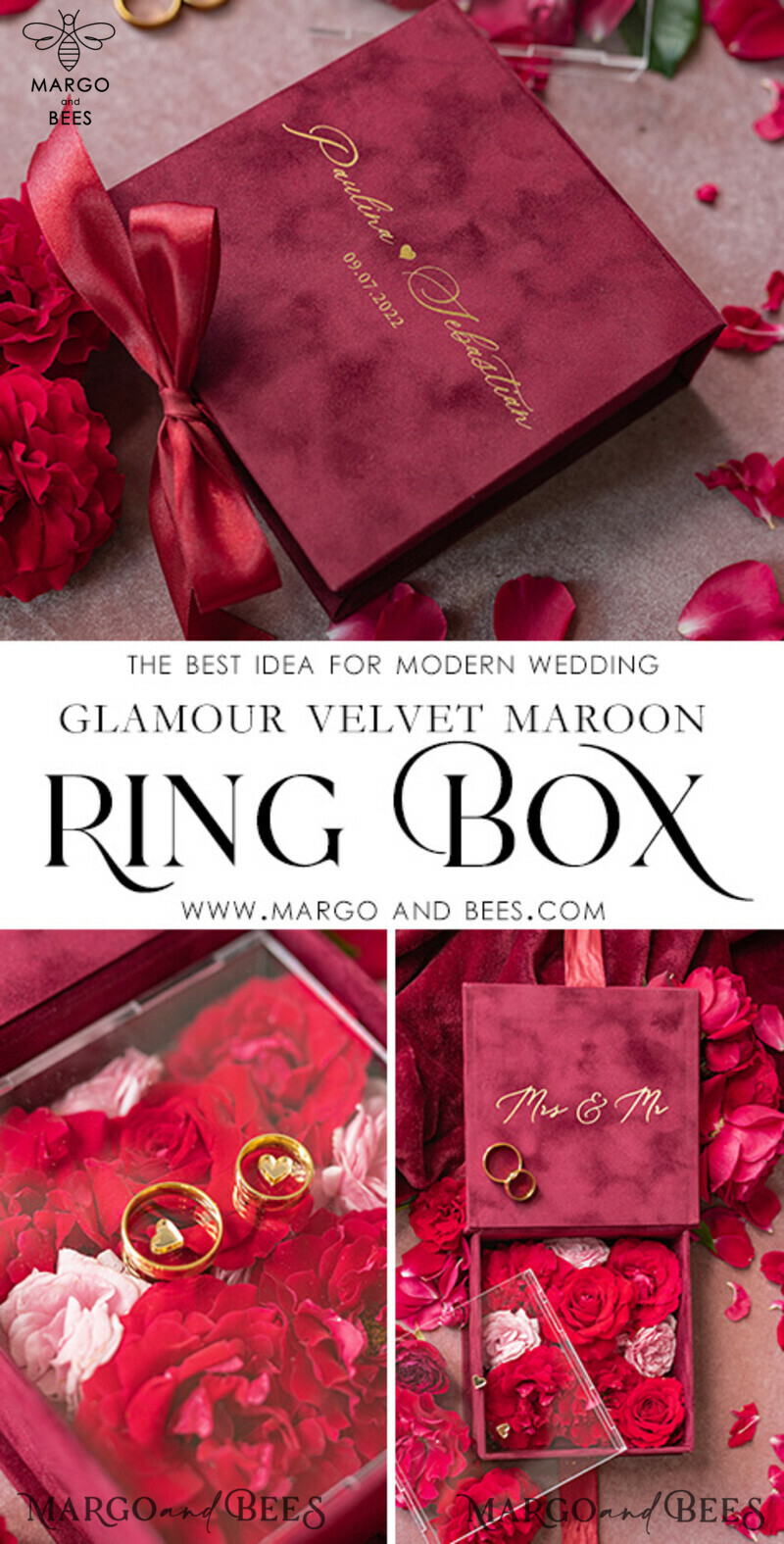 Exquisite Handmade Velvet Wedding Rings Box in Glamorous Maroon and Gold for a Luxurious and Elegant Touch-3