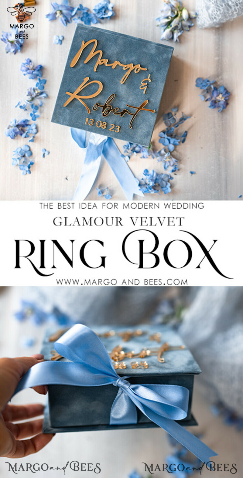 Dusty Blue and Golden Velvet Wedding Ring Box: A Perfect Ceremony Essential for Your Special Day

Elevate Your Wedding Ceremony with a Luxurious Dusty Blue and Golden Velvet Ring Box, Perfect for Holding 3 Rings

Add a Touch of Boho Glam to Your Wedding with His and Hers Velvet Ring Boxes

Customize Your Luxury Velvet Ring Box with Double the Elegance and Choose Your Preferred Colors-3