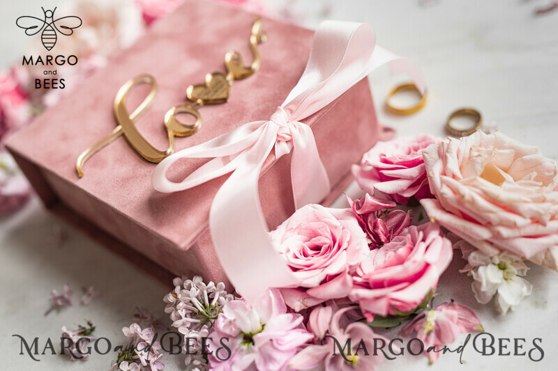 Ring Box for Wedding Ceremony 3 rings, Blush Pink Golden velvet Wedding Ring Box for ceremony ceremony velvet, Glamour Wedding Ring Boxes his hers, Luxury Velvet Ring box double Custom Colors-7