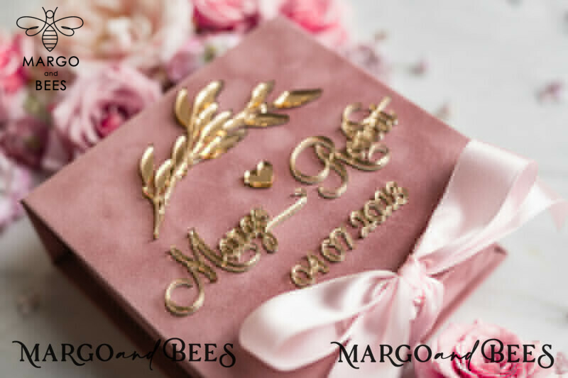 Ring Box for Wedding Ceremony 3 rings, Blush Pink Golden velvet Wedding Ring Box for ceremony ceremony velvet, Glamour Wedding Ring Boxes his hers, Luxury Velvet Ring box double Custom Colors-9