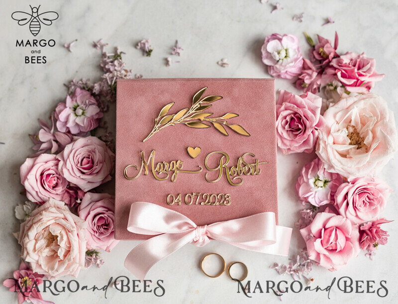 Luxury Blush Pink Golden Velvet Wedding Ring Box for Glamorous Ceremony: Custom Colors Available for His and Hers Rings-11