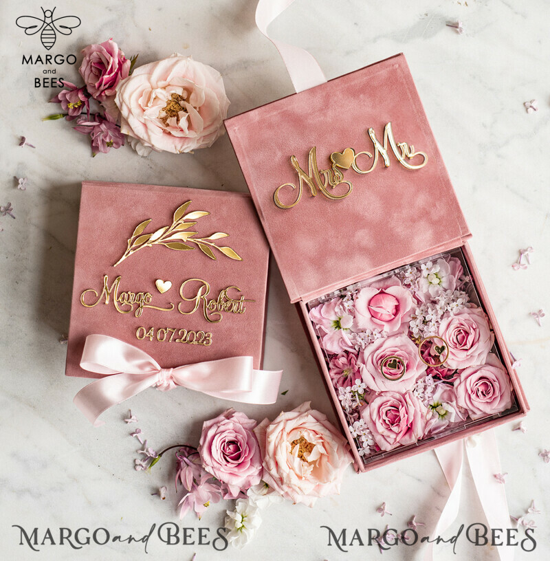 Luxury Blush Pink Golden Velvet Wedding Ring Box for Glamorous Ceremony: Custom Colors Available for His and Hers Rings-0