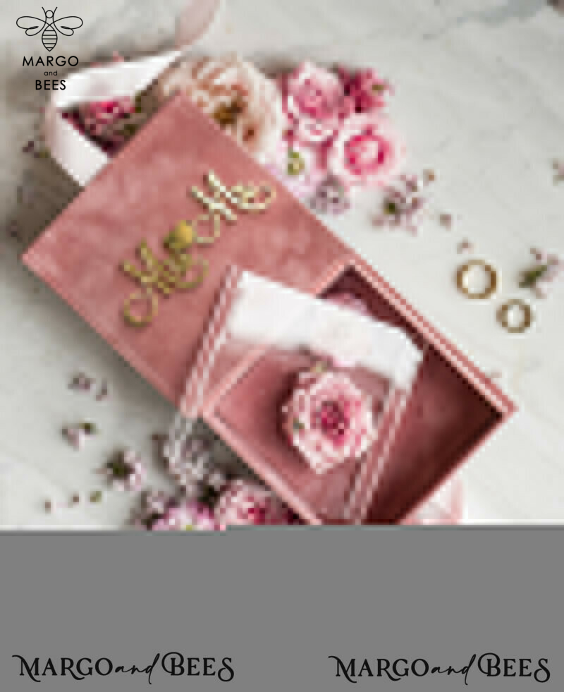 Luxury Blush Pink Golden Velvet Wedding Ring Box for Glamorous Ceremony: Custom Colors Available for His and Hers Rings-6