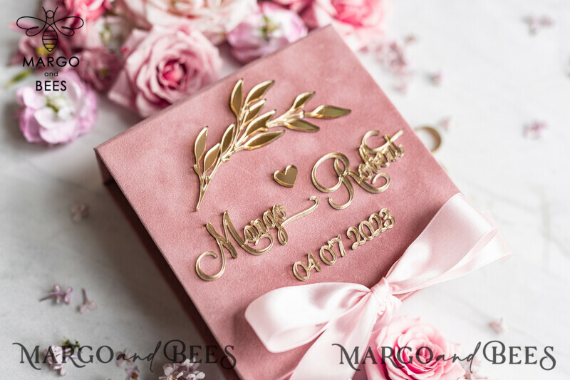 Luxury Blush Pink Golden Velvet Wedding Ring Box for Glamorous Ceremony: Custom Colors Available for His and Hers Rings-7
