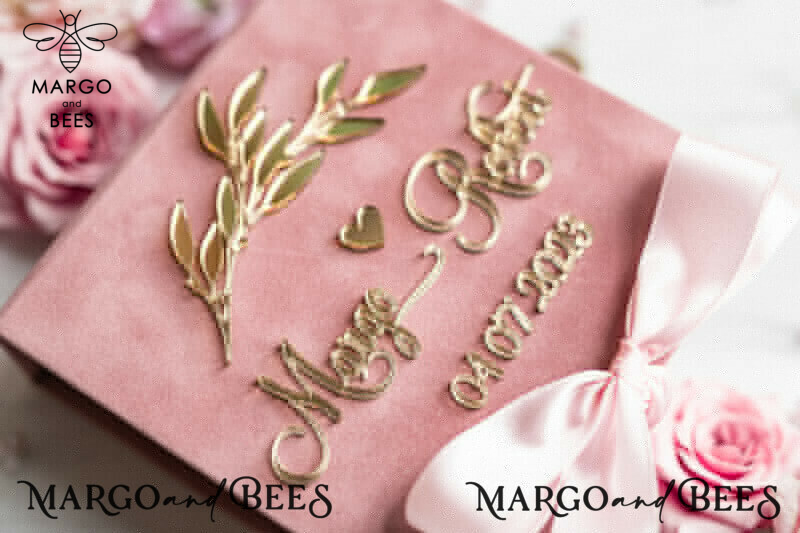 Luxury Blush Pink Golden Velvet Wedding Ring Box for Glamorous Ceremony: Custom Colors Available for His and Hers Rings-8