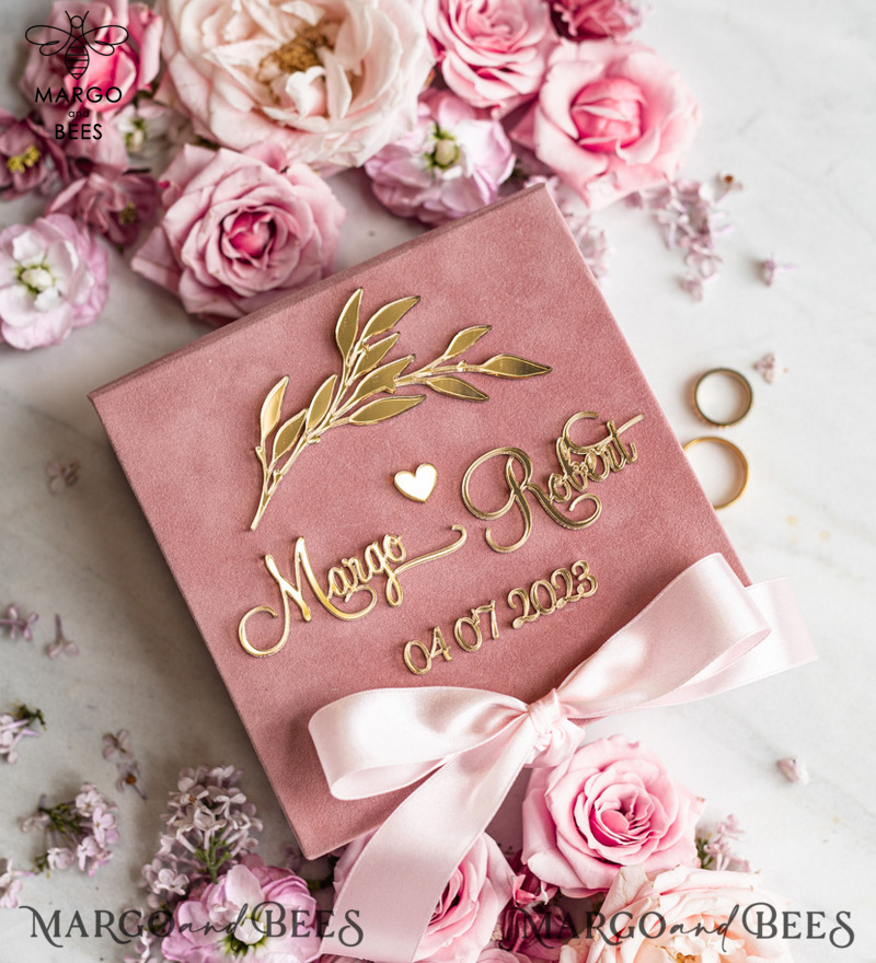 Luxury Blush Pink Golden Velvet Wedding Ring Box for Glamorous Ceremony: Custom Colors Available for His and Hers Rings-4