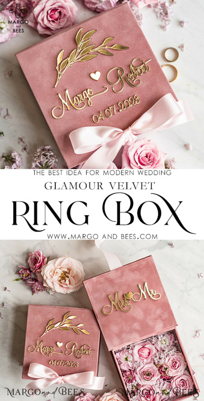 Custom Blush Pink Golden Velvet Wedding Ring Box for Glamorous Wedding Ceremony: Double Ring Box with His and Hers Compartments in Luxury Velvet-3