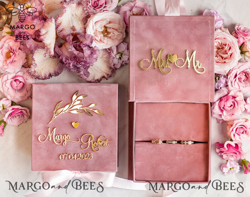 Blush Pink Golden Velvet Wedding Ring Box: A Luxurious and Customizable Addition for Your Ceremony-2