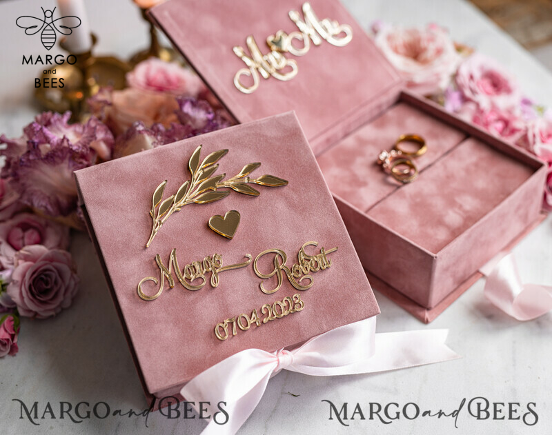 Blush Pink Golden velvet Wedding Ring Box for ceremony, Ring Box for Wedding Ceremony 3 rings velvet, Boho Glam Wedding Ring Boxes his hers, Luxury Velvet Ring box double Custom Colors-7