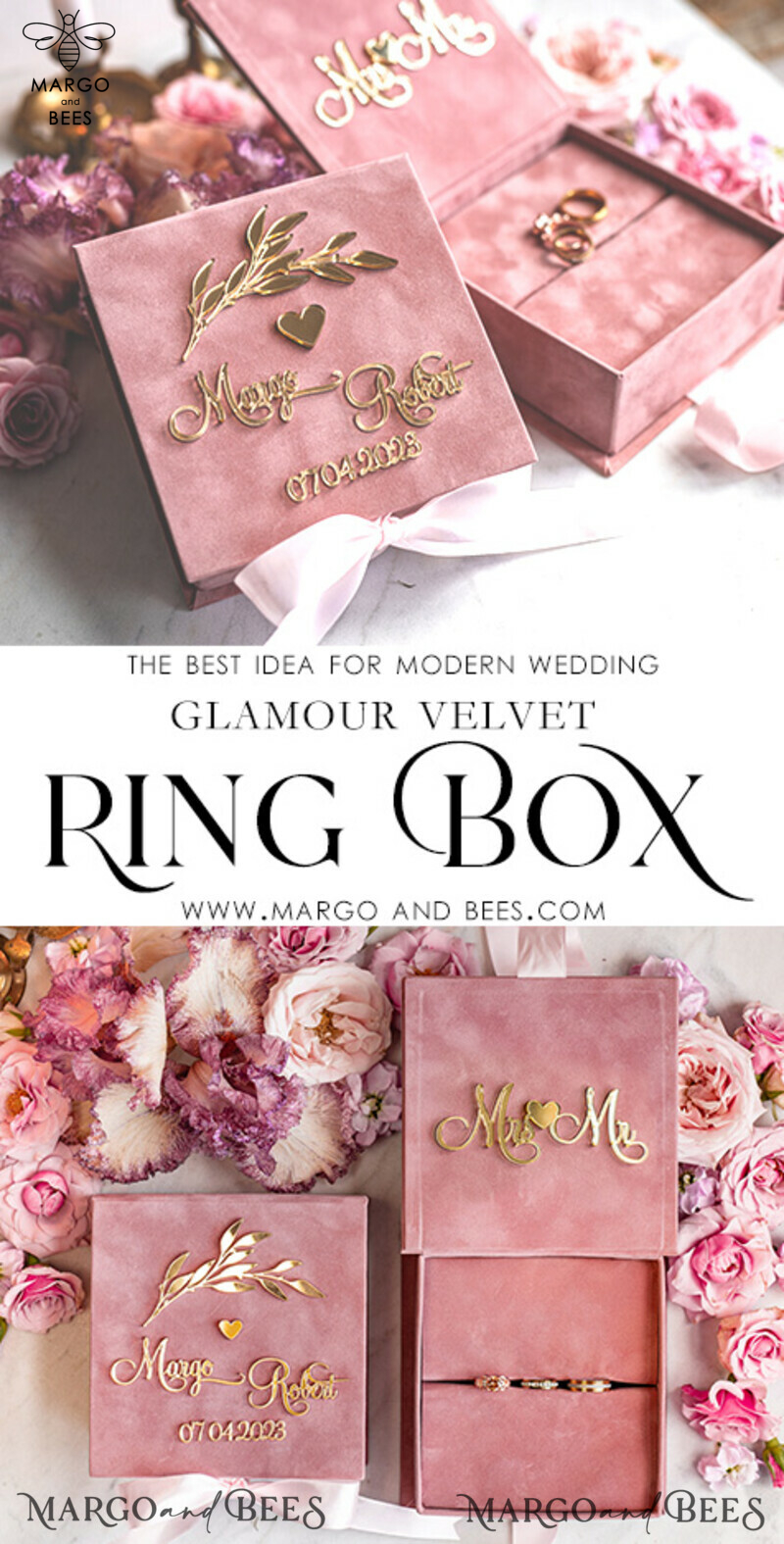 Blush Pink Golden Velvet Wedding Ring Box: A Luxurious and Customizable Addition for Your Ceremony-3